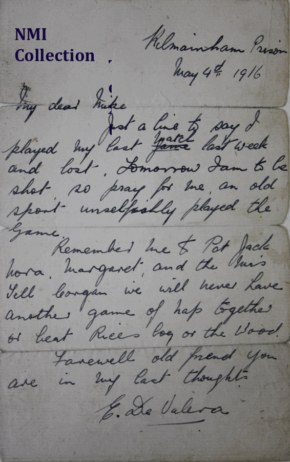 Last letter of Eamon de Valera, May 1916 (copy) (NMI Collection)