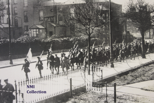 De Valera leads the surrender of the Boland's Mills Garrison, 30th May 1916 (NMI Collection)