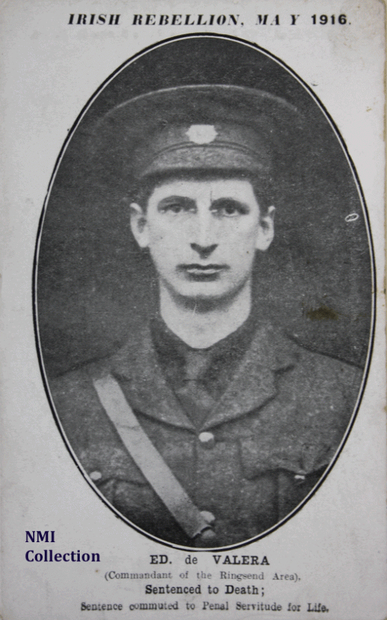 Souvenir postcard of de Valera, showing his sentence (NMI Collection) Image